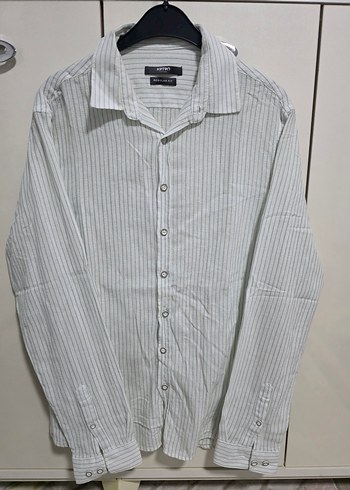 Erkek Beyaz Çizgili Keten Gömlek - Görsel 3