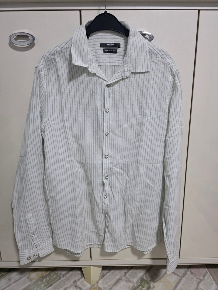 Erkek Beyaz Çizgili Keten Gömlek - Görsel 4