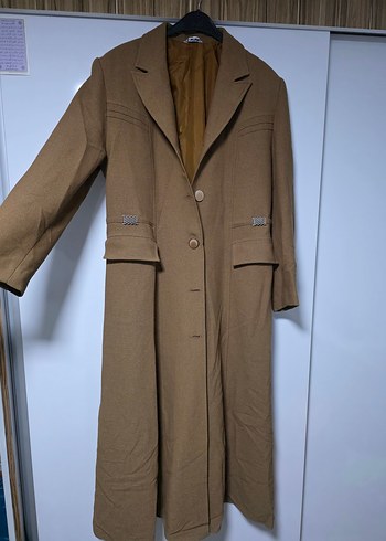 Koyu Bej Uzun Kadın Kaban Düğmeli - Görsel 4