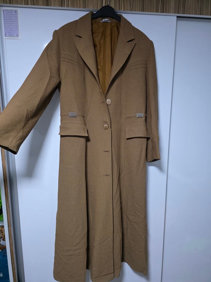 Koyu Bej Uzun Kadın Kaban Düğmeli - Görsel 4