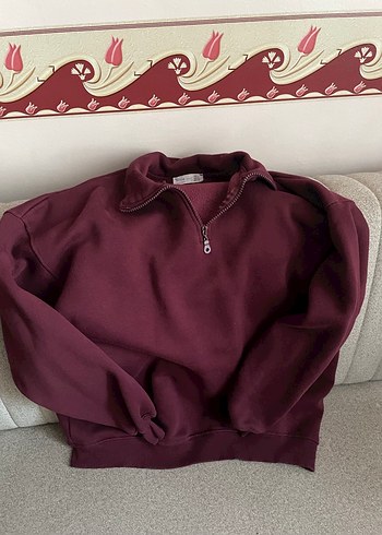 Bordo Fermuarlı Yarım Yaka Sweatshirt
