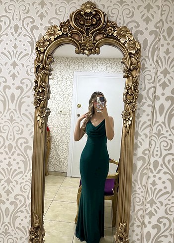 Yeşil Uzun Drapeli sırt detaylı Kadın Elbise - Görsel 3