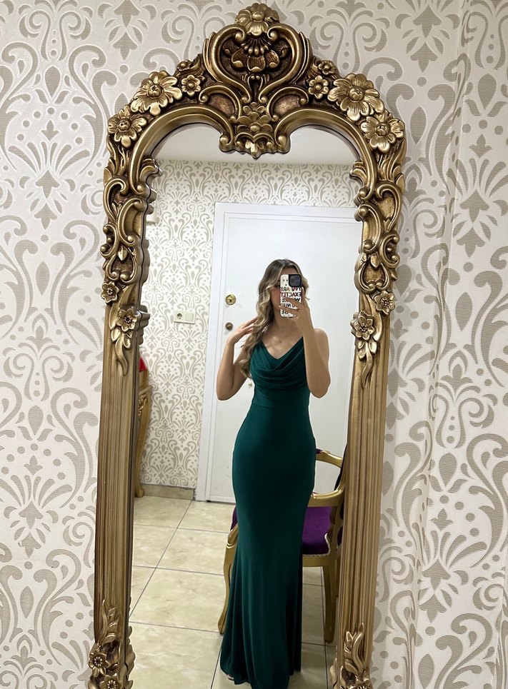 Yeşil Uzun Drapeli sırt detaylı Kadın Elbise - Görsel 3