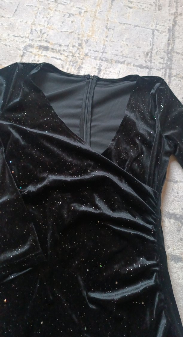 Siyah Drapeli Kadife Mini Elbise - Görsel 4