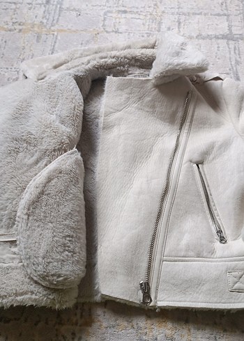 Krem rengi Kürklü Kadın Midi Ceket - Görsel 5