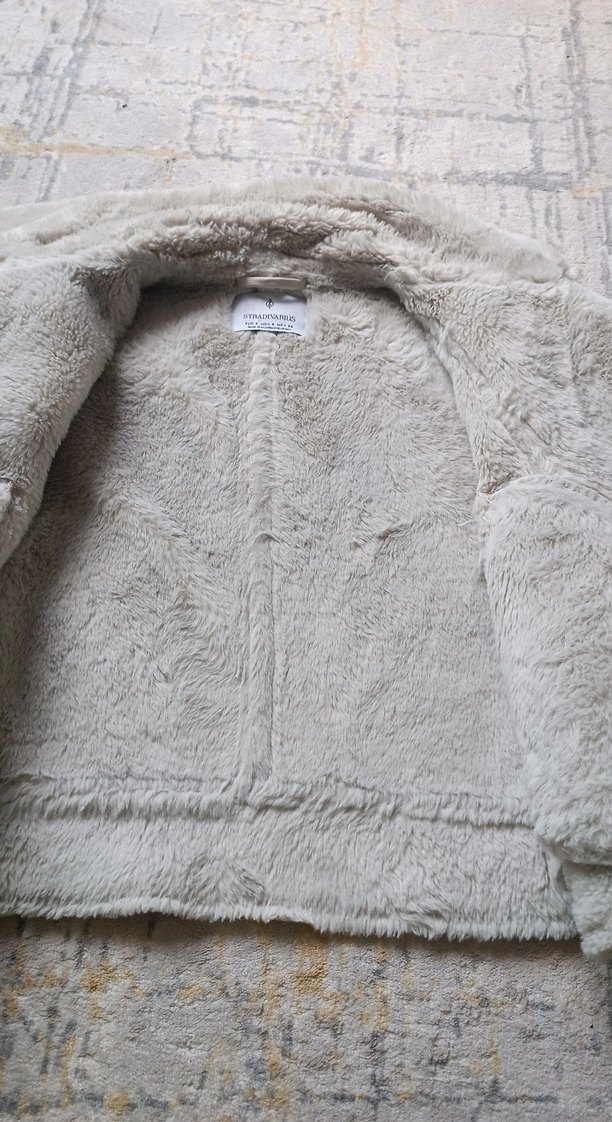 Krem rengi Kürklü Kadın Midi Ceket - Görsel 3