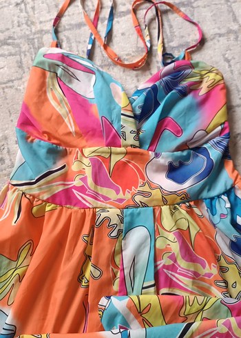 Renkli Yazlık Desenli Uzun Askılı Elbise - Görsel 4