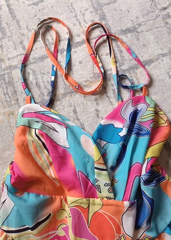 Renkli Yazlık Desenli Uzun Askılı Elbise - Görsel 3