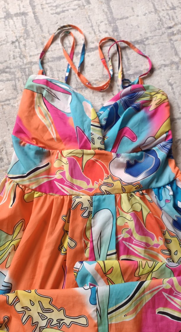 Renkli Yazlık Desenli Uzun Askılı Elbise - Görsel 4