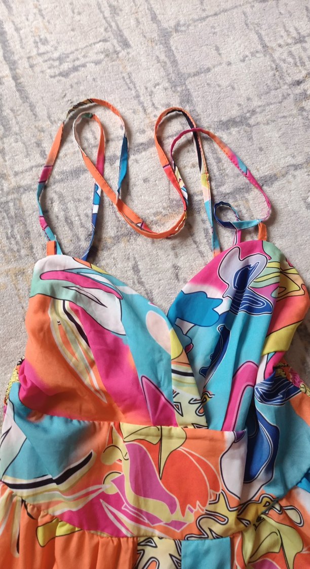 Renkli Yazlık Desenli Uzun Askılı Elbise - Görsel 3