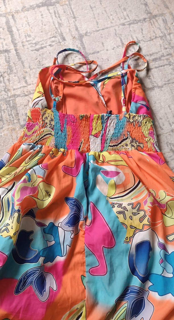 Renkli Yazlık Desenli Uzun Askılı Elbise - Görsel 5