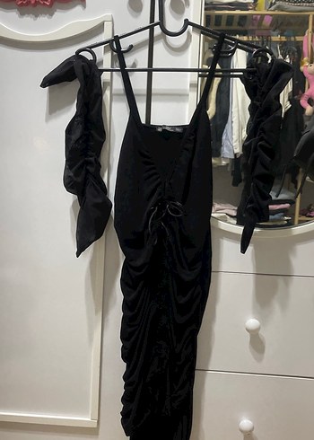 Diğer Siyah Drapeli Uzun Gotik Kadın Elbise