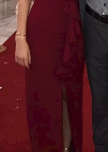 Bordo Drapeli Tek Omuz Uzun Abiye Elbise - Görsel 2