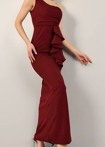 Bordo Drapeli Tek Omuz Uzun Abiye Elbise - Görsel 4