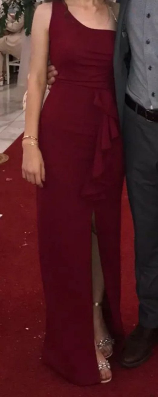 Bordo Drapeli Tek Omuz Uzun Abiye Elbise - Görsel 2