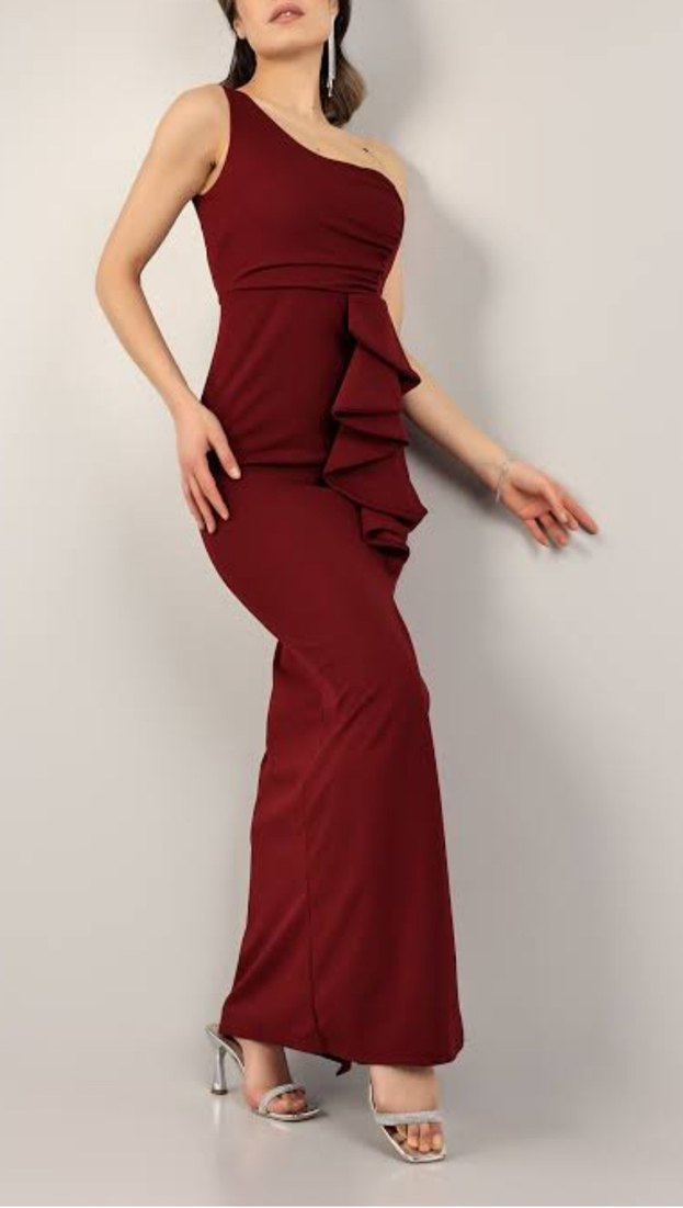 Bordo Drapeli Tek Omuz Uzun Abiye Elbise - Görsel 4