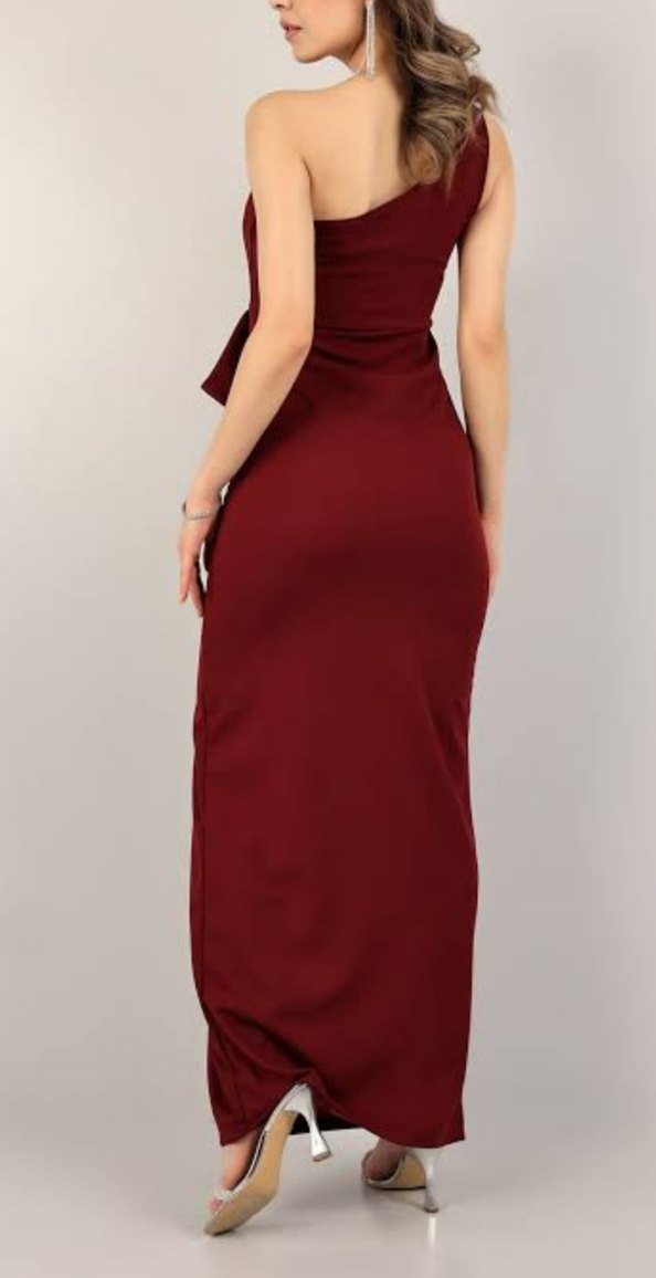 Bordo Drapeli Tek Omuz Uzun Abiye Elbise - Görsel 3
