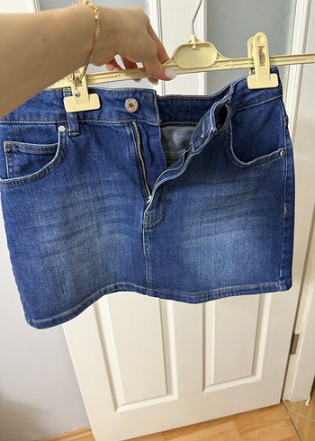 Parlak Mavi Mini Denim Etek - Görsel 3