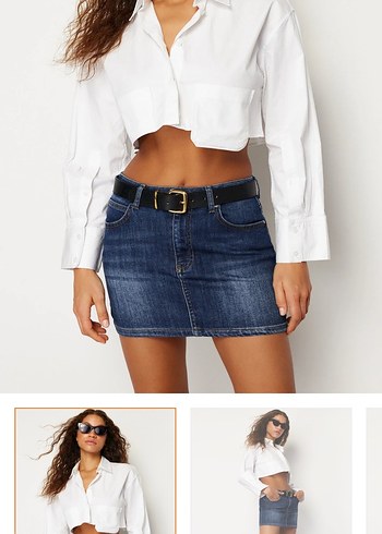 Parlak Mavi Mini Denim Etek - Görsel 4