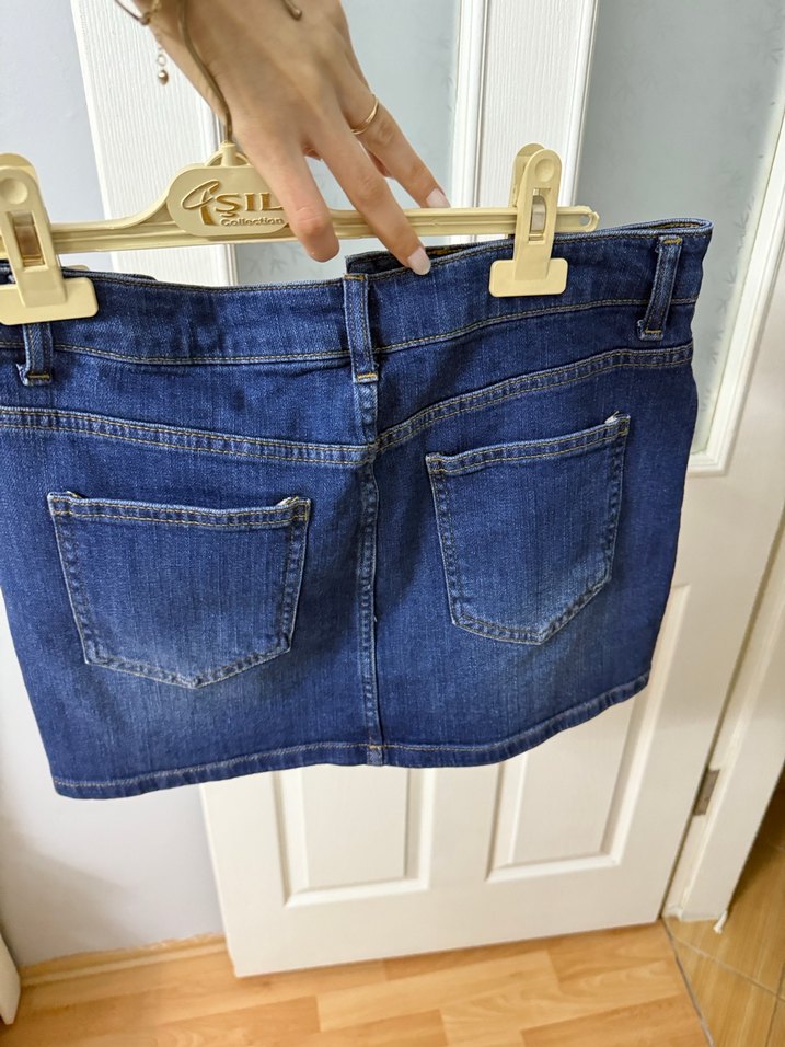 Parlak Mavi Mini Denim Etek - Görsel 2
