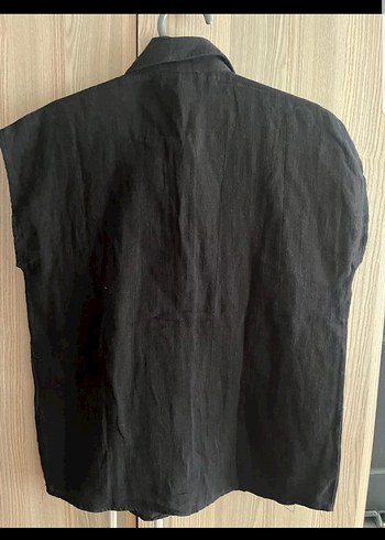 Siyah Kısa Kollu Keten Gömlek - Görsel 4