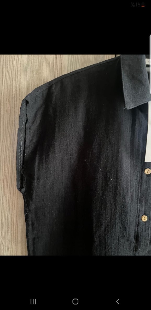 Siyah Kısa Kollu Keten Gömlek - Görsel 5