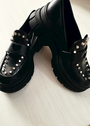 38 Beden Bershka Siyah Deri Goth Platform Kadın Oxford