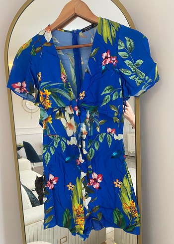 Renkli Desenli Mavi Kadın Kısa Tulum - Görsel 3