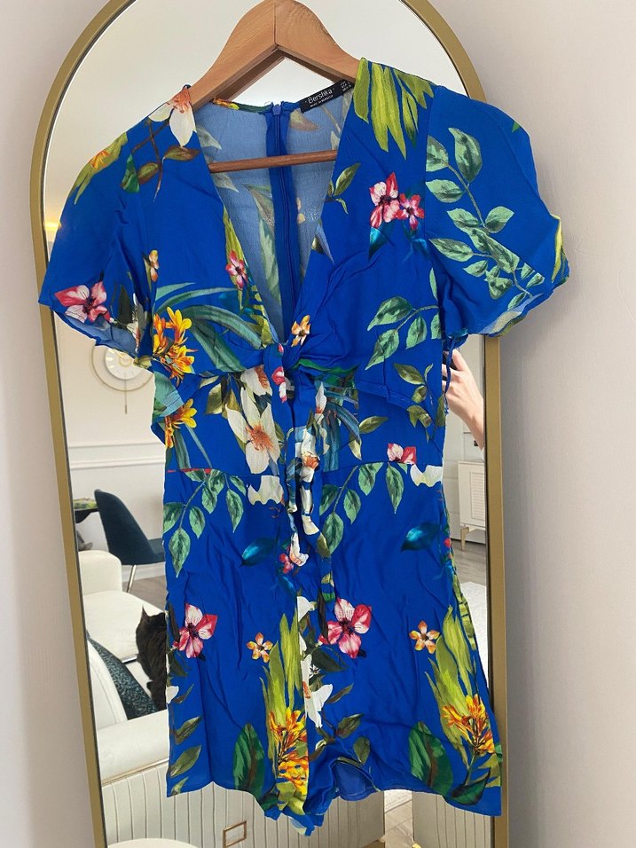 Renkli Desenli Mavi Kadın Kısa Tulum - Görsel 3