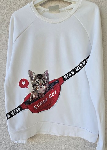 Kedili Baskılı Beyaz Sweatshirt - Görsel 2