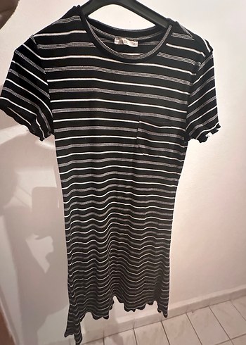 Çizgili Siyah Gri Midi Elbise - Görsel 2