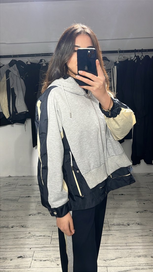 Gri Kapüşonlu Fermuarlı Kadın Eşofman takım - Görsel 2