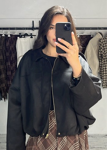 Kadın Siyah süet bomber ceket - Görsel 2