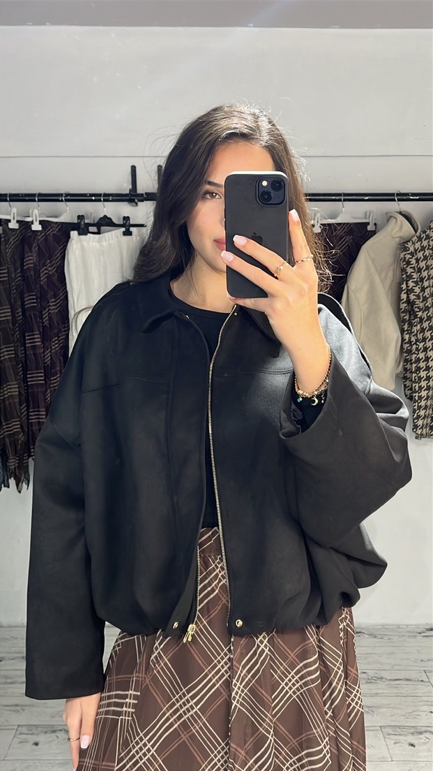 Kadın Siyah süet bomber ceket - Görsel 2