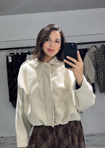 Krem kaşe bomber ceket astarlı - Görsel 2