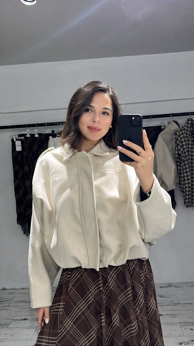 Krem kaşe bomber ceket astarlı - Görsel 2