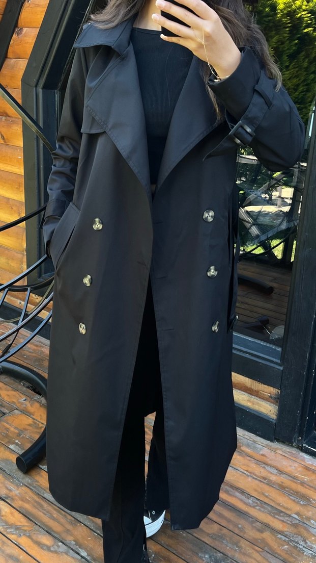 Kadın Siyah Kuşaklı Uzun Trençkot - Görsel 2