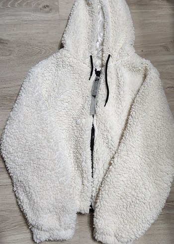 Kapüşonlu Beyaz Peluş Ceket