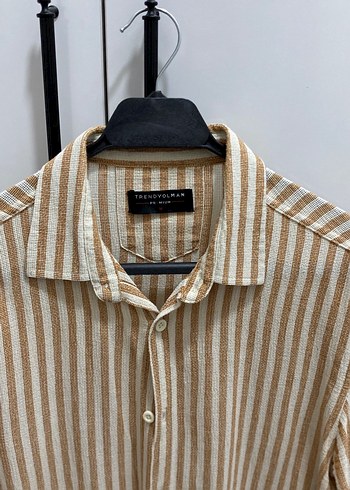Bej Çizgili Uzun Kollu Keten Erkek Gömlek - Görsel 2