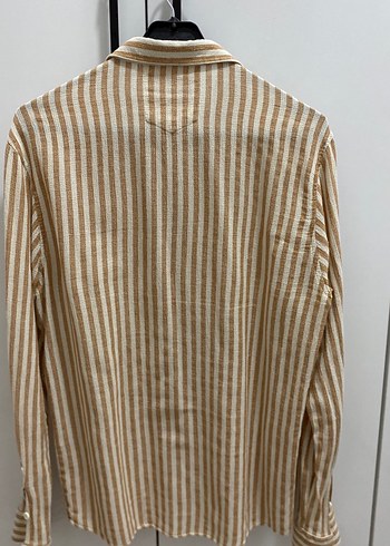 Bej Çizgili Uzun Kollu Keten Erkek Gömlek - Görsel 4