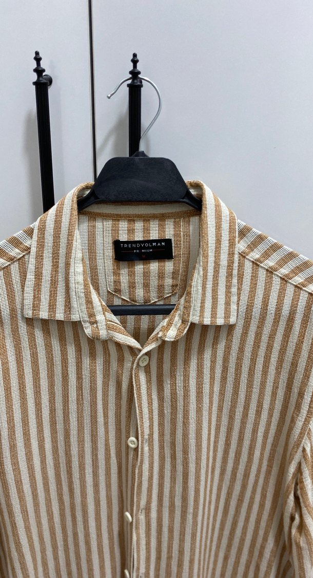 Bej Çizgili Uzun Kollu Keten Erkek Gömlek - Görsel 2