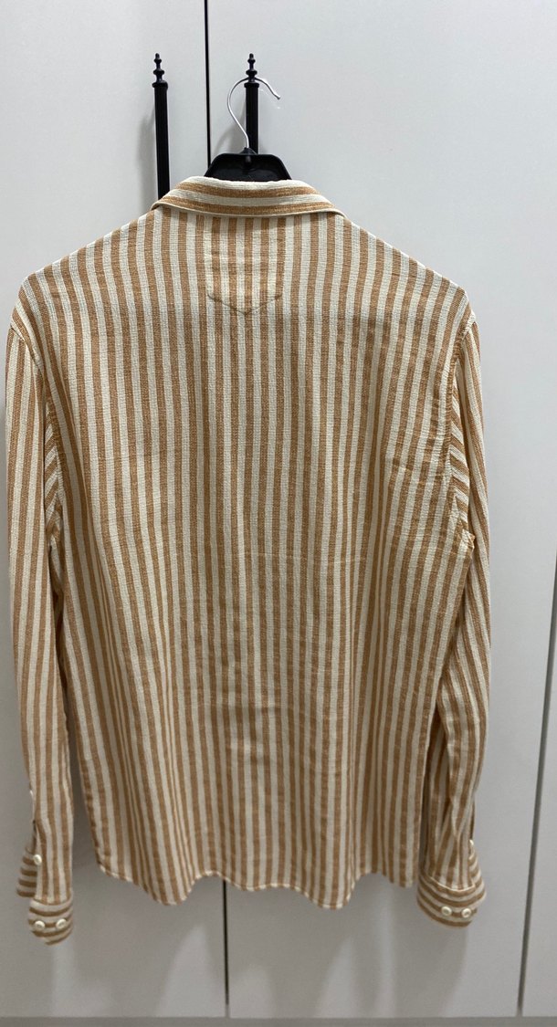 Bej Çizgili Uzun Kollu Keten Erkek Gömlek - Görsel 4