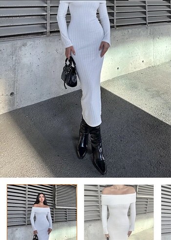 Beyaz Uzun İnce Fit Triko Elbise - Görsel 2