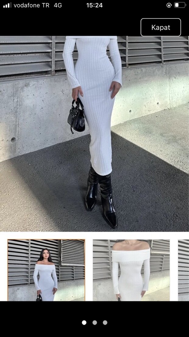 Beyaz Uzun İnce Fit Triko Elbise - Görsel 2