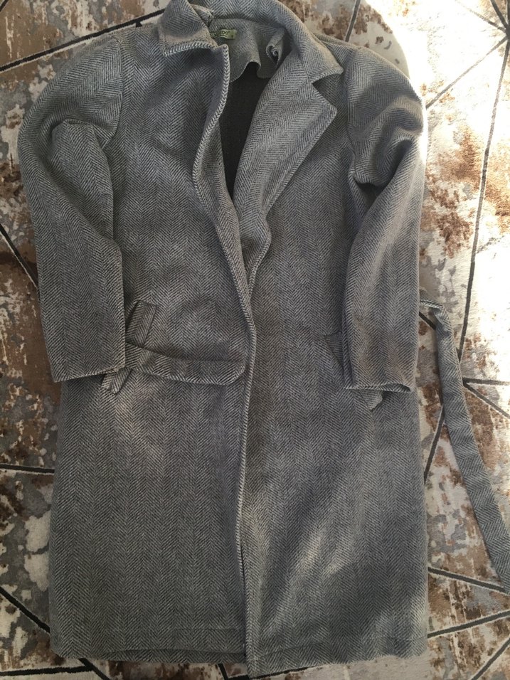 Kadın kaşe Gri Kemerli Uzun Kaban - Görsel 3