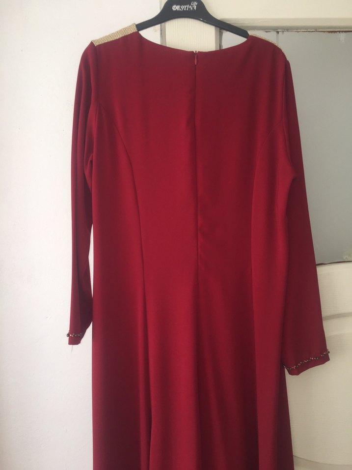 Bordo Uzun Kollu İşlemeli Kadın Elbise - Görsel 3