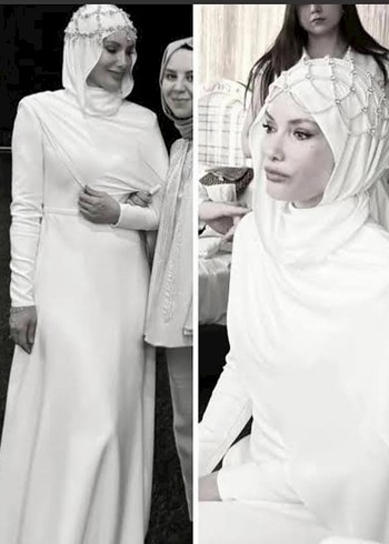 Drapeli Beyaz Uzun Kollu Tesettür Gelinlik - Görsel 3