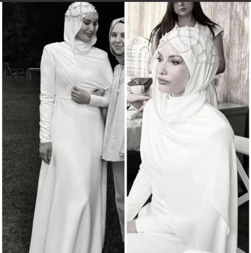 Drapeli Beyaz Uzun Kollu Tesettür Gelinlik - Görsel 3