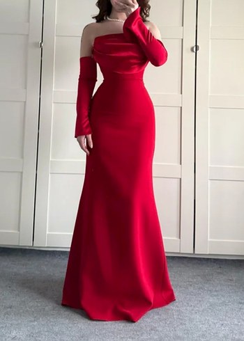 Kırmızı Drapeli Uzun Kol Straplez Elbise - Görsel 2