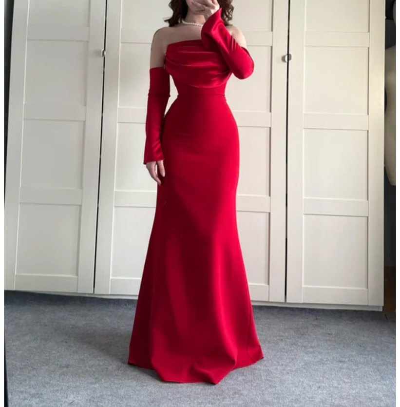 Kırmızı Drapeli Uzun Kol Straplez Elbise - Görsel 2